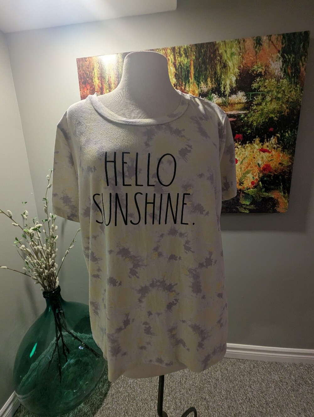 Rae Dunn Hello Sunshine T Shirt Graphic Tie Dye Yellow Gray Women Size XL